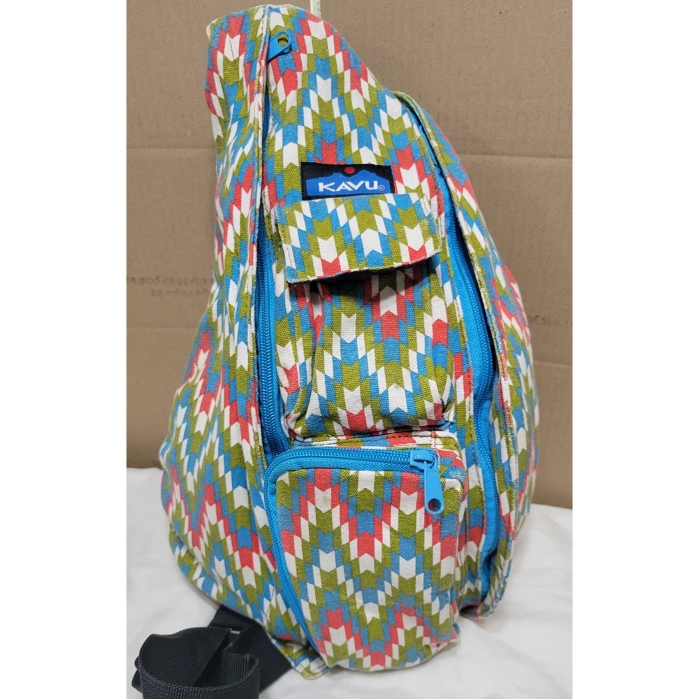KAVU Rope Crossbody Sling Bag Blue Green White Red Geometric Print Cotton Canvas